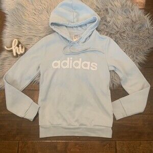 Adidas Womens Essentials Linear Spellout Pullover Hoodie pockets Blue Size XS